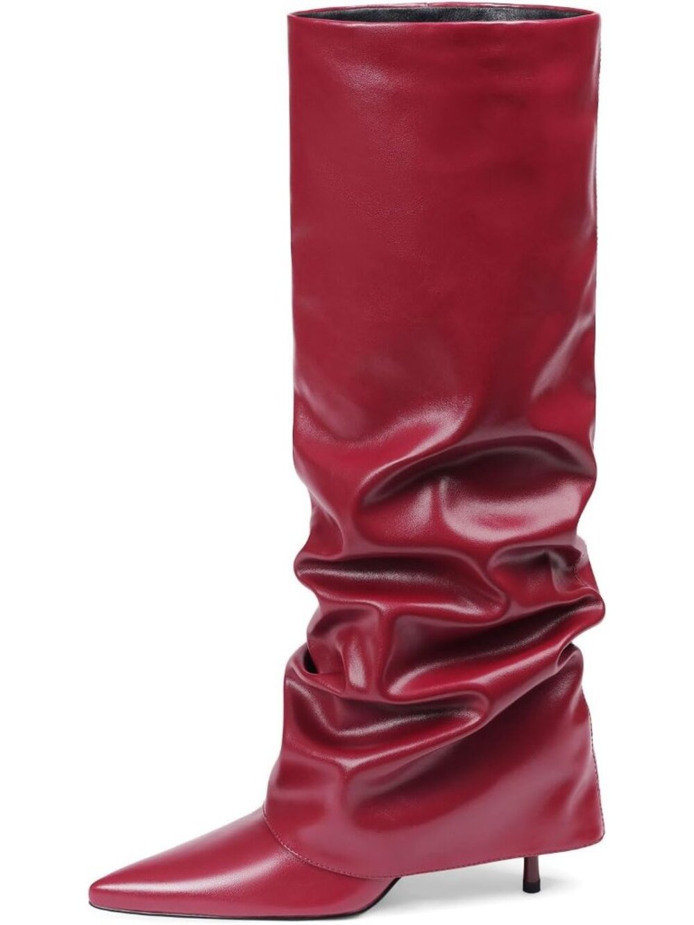 Women's Red Fold Over Point Shark Side Slouchy Hidden Zipper Knee High Boots